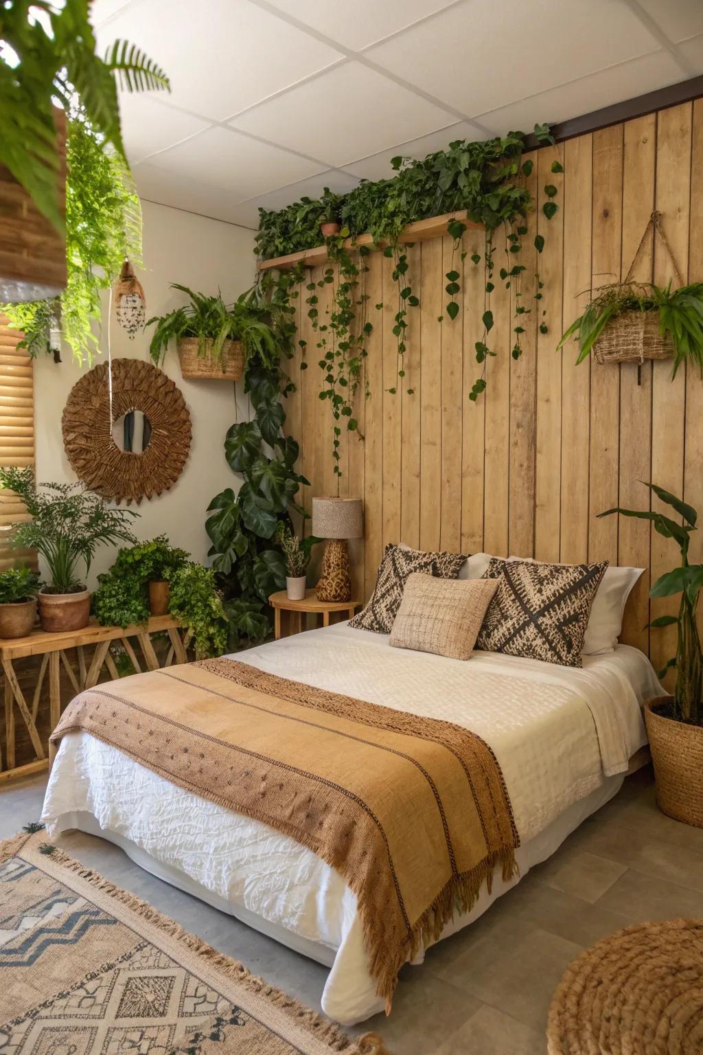 Natural elements on the accent wall enrich peace and calmness to the area.