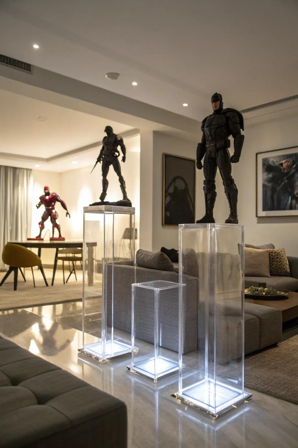 Acrylic pedestals create a museum-like atmosphere for prized figures.