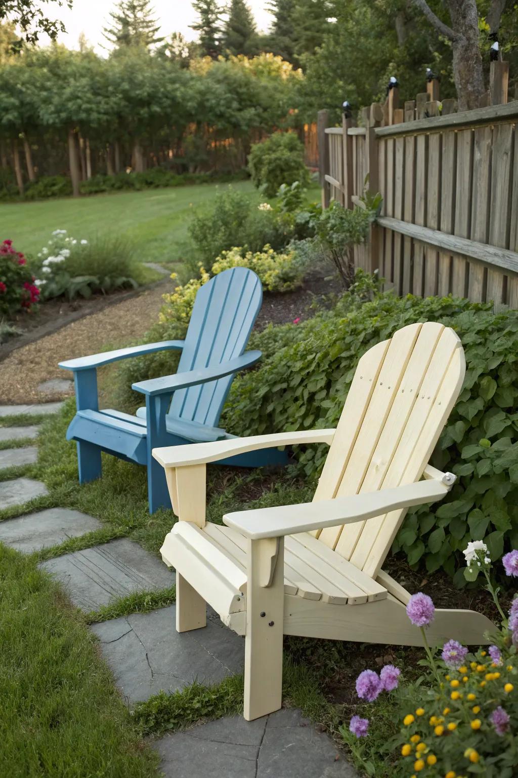 Two-tone <strong><em>Adirondack</em></strong> seating for a chic aesthetic.” loading=”lazy” class=”pimg”>
	</picture><figcaption>Two-tone <strong><em>Adirondack</em></strong> seating for a chic aesthetic.</figcaption></figure>
<p>Uniting two colors on your seating pieces can bestow an aura of sophistication and visual intrigue. I frequently employ contrasting armrests or backrests to sculpt a distinctive appearance.</p>
<h3>A few things you might like:</h3>
<ul class=