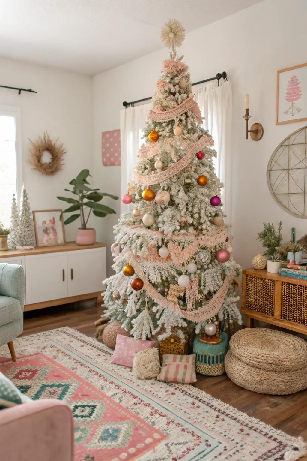 A Christmas tree inspired by the free-spirited style, embellished with knotted cord ornaments and pastel tones.