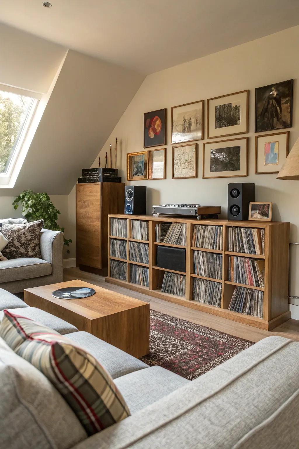 Album storage effortlessly integrated into a living room setting.
