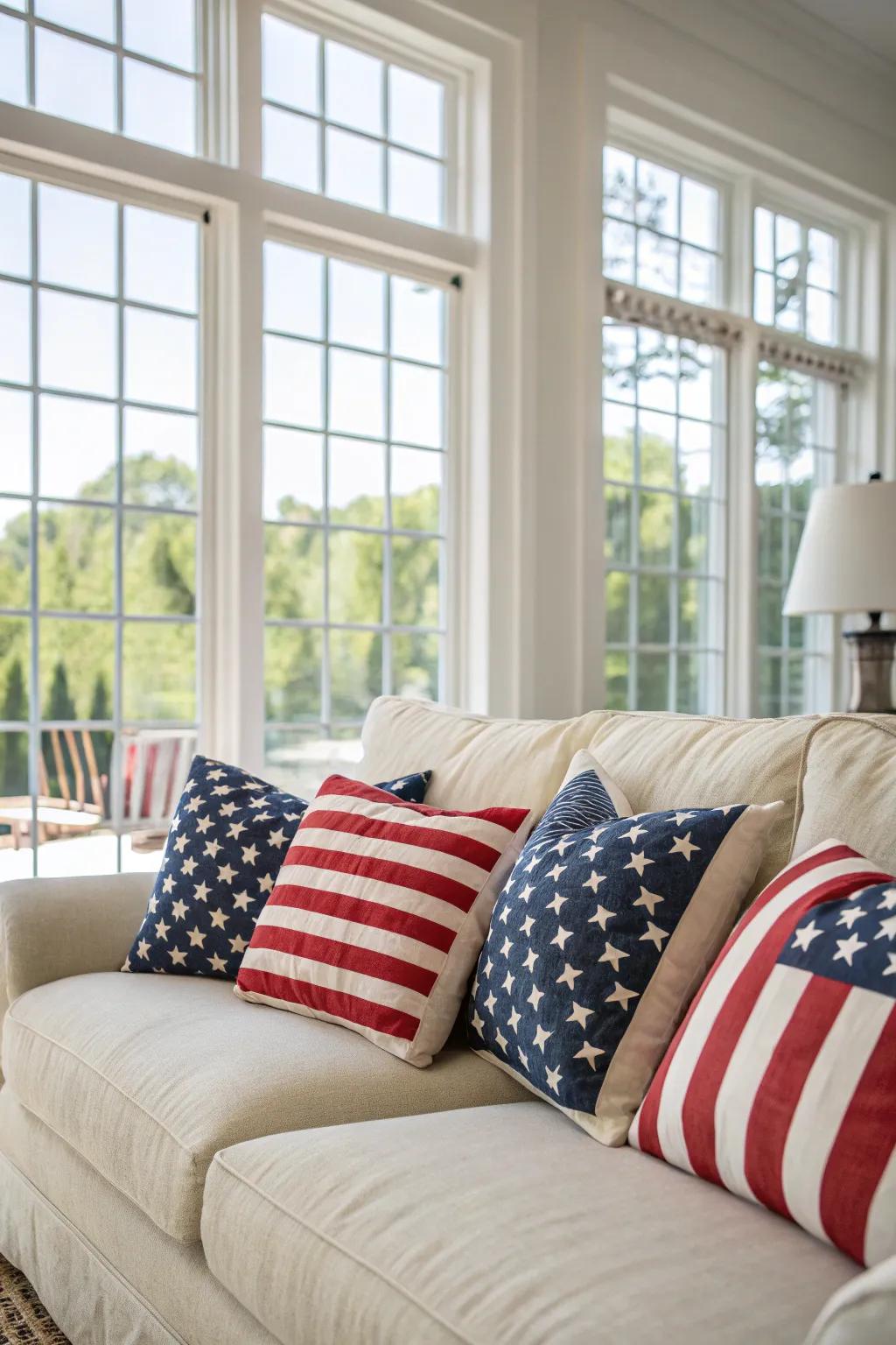 Banner-inspired cushions inject a pop of patriotism into this living area.