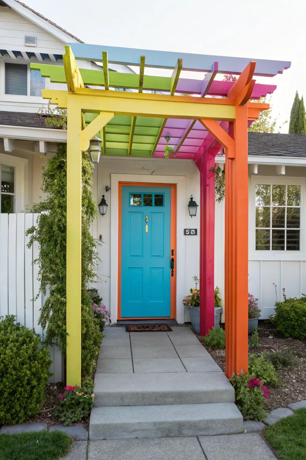 A vividly hued arbor for a vibrant and contemporary entrance.