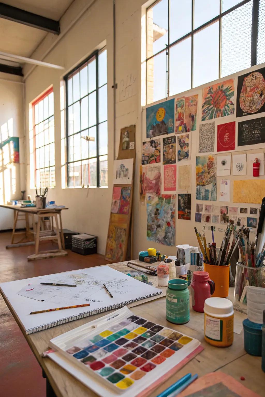 A varied source arrangement piece introduces a personal and eclectic touch to this creative studio.