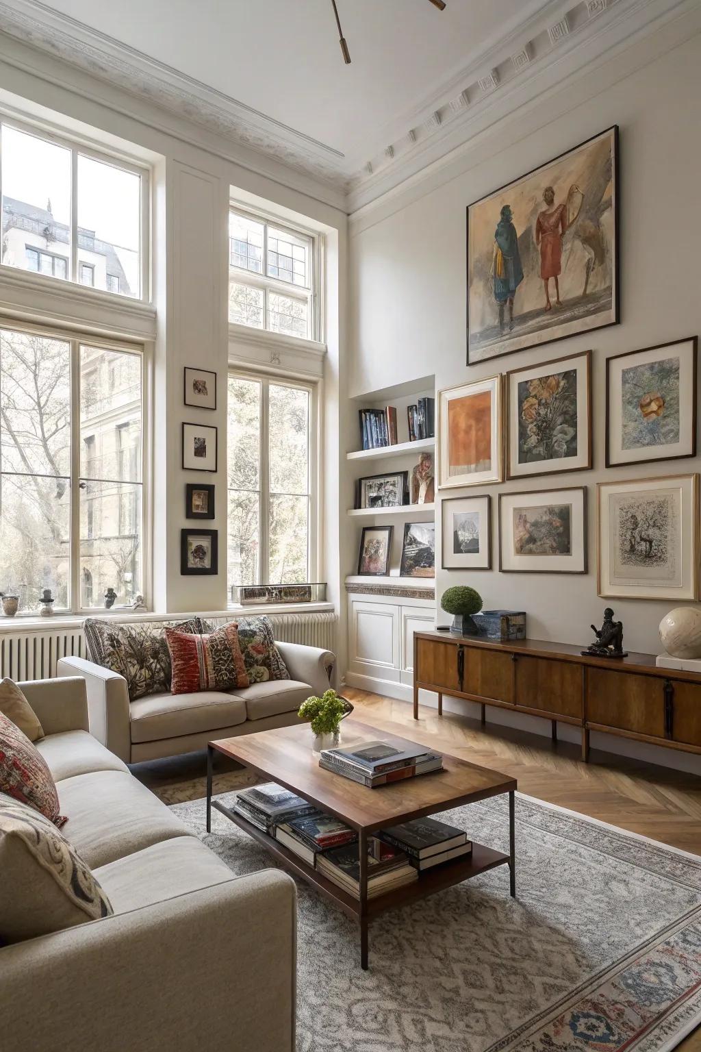 Art prints incorporated into a family room's aesthetic for a unified manifestation.