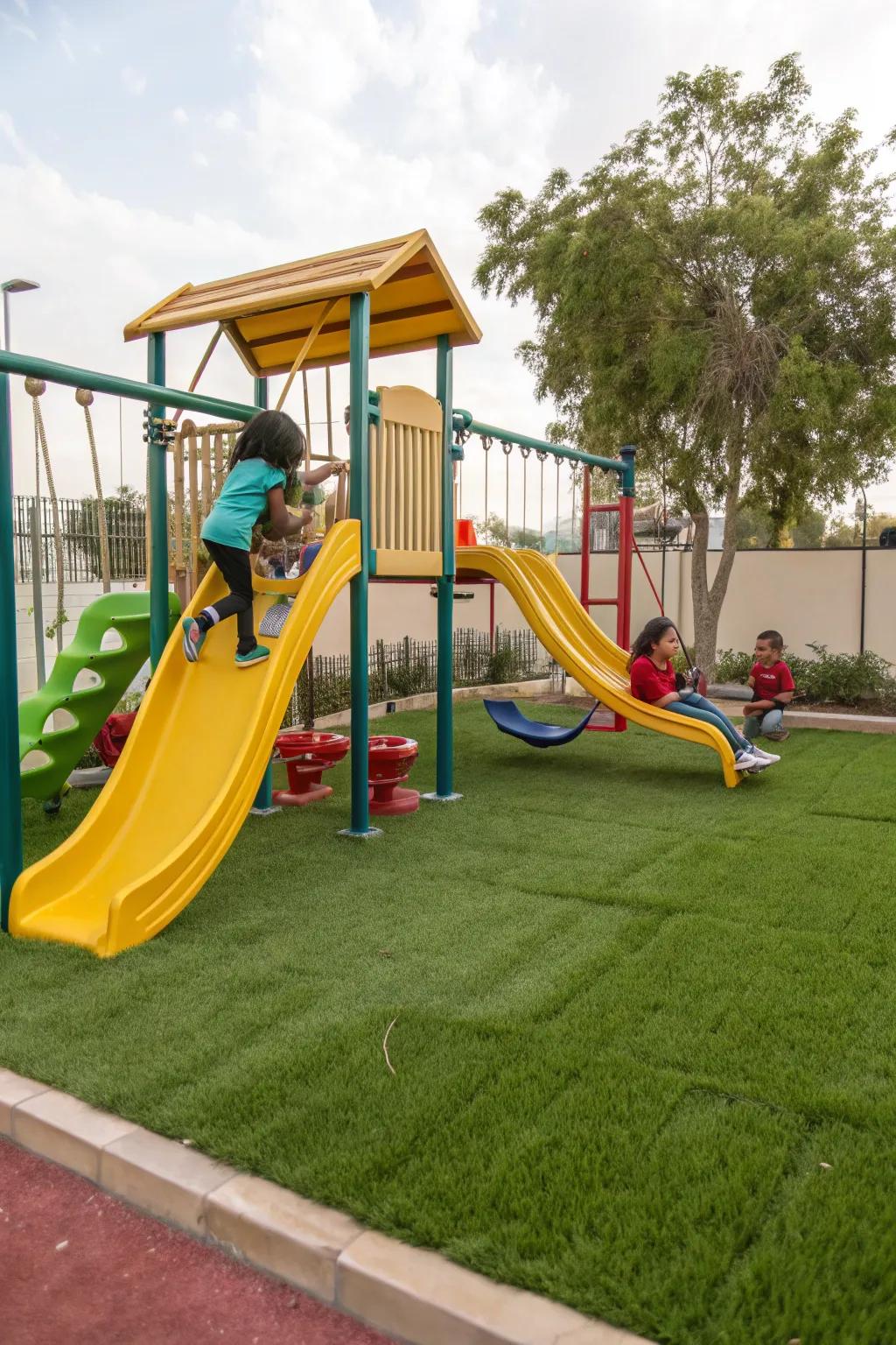 Create a secure and fun play area for children using long lasting simulated turf.