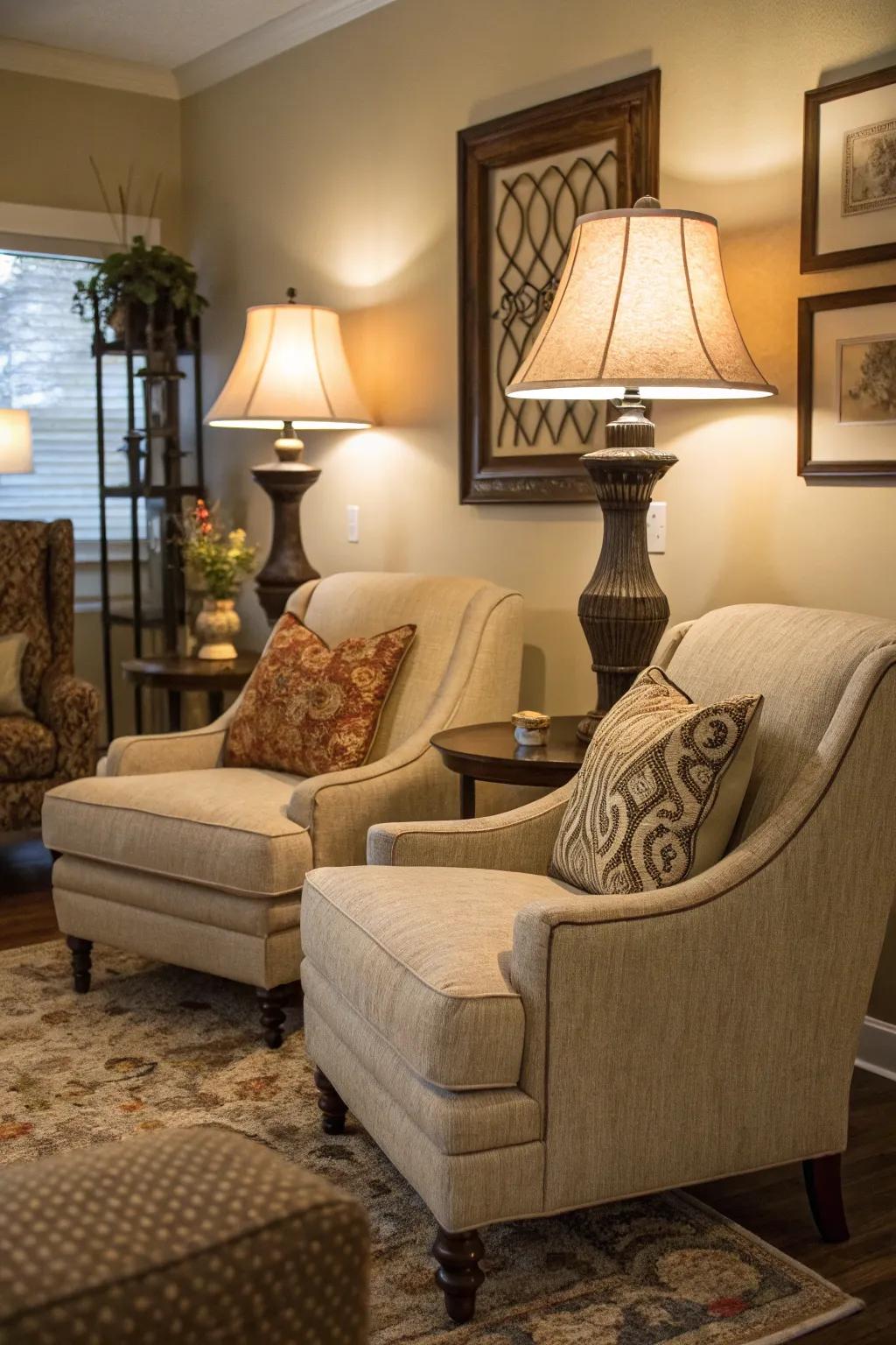 Occasional chairs and lights add balance and functionality.