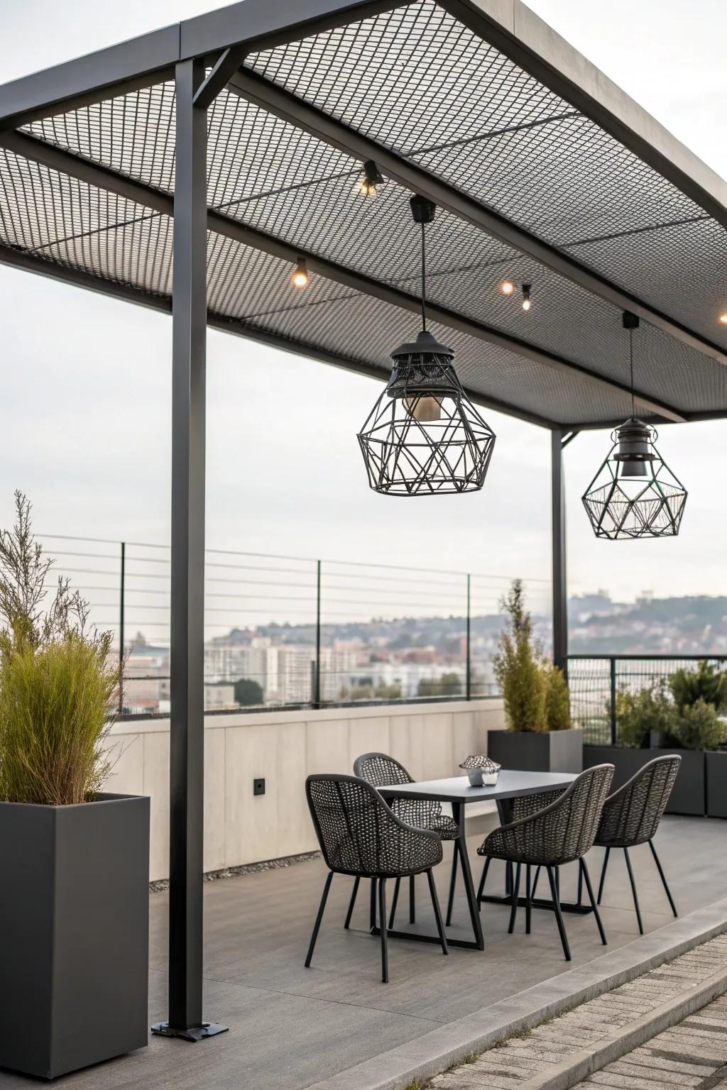 Achieve an industrial look with a metal screen overhead covering.