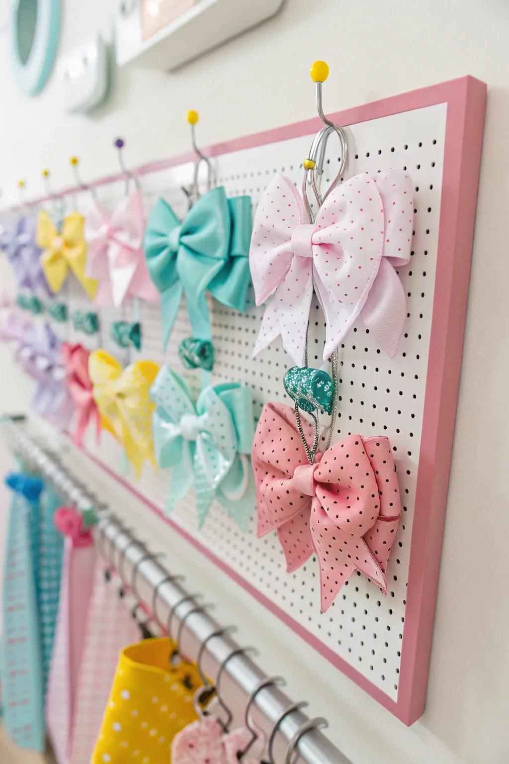 A cheerful and useful pegboard for keeping baby bows in order.