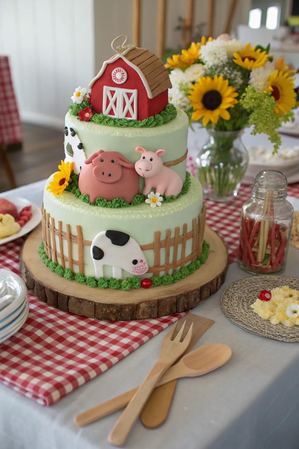 A homestead-inspired cake featuring charming animal decorations.