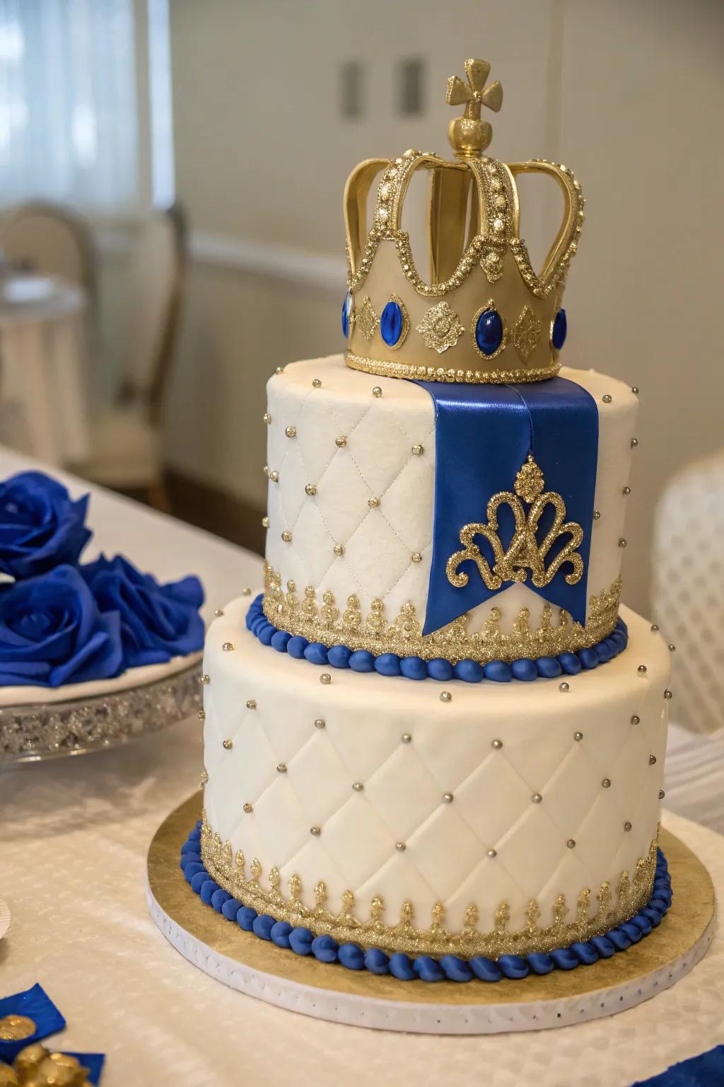 A royal-styled cake is suited for a little king at a baby boy shower.
