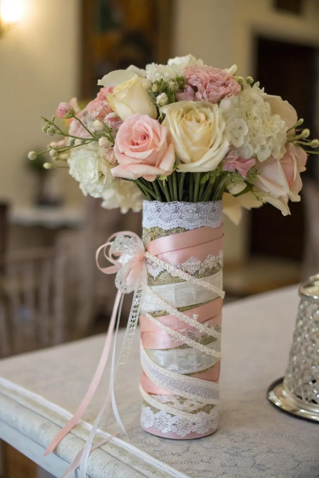 Elegant centerpiece showcasing stratified bands and lacework.