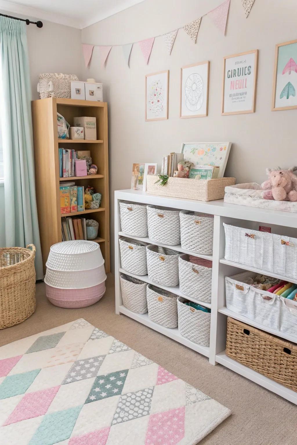 Woven hampers and shelves append function and flair to stowage.