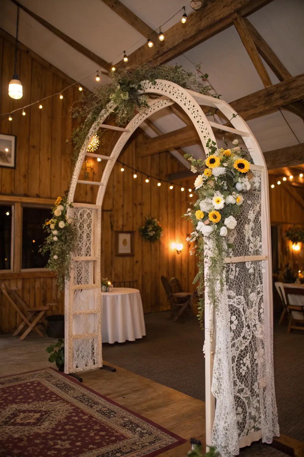 A vintage-influenced arch featuring lace and untamed flowers for a nostalgic touch.