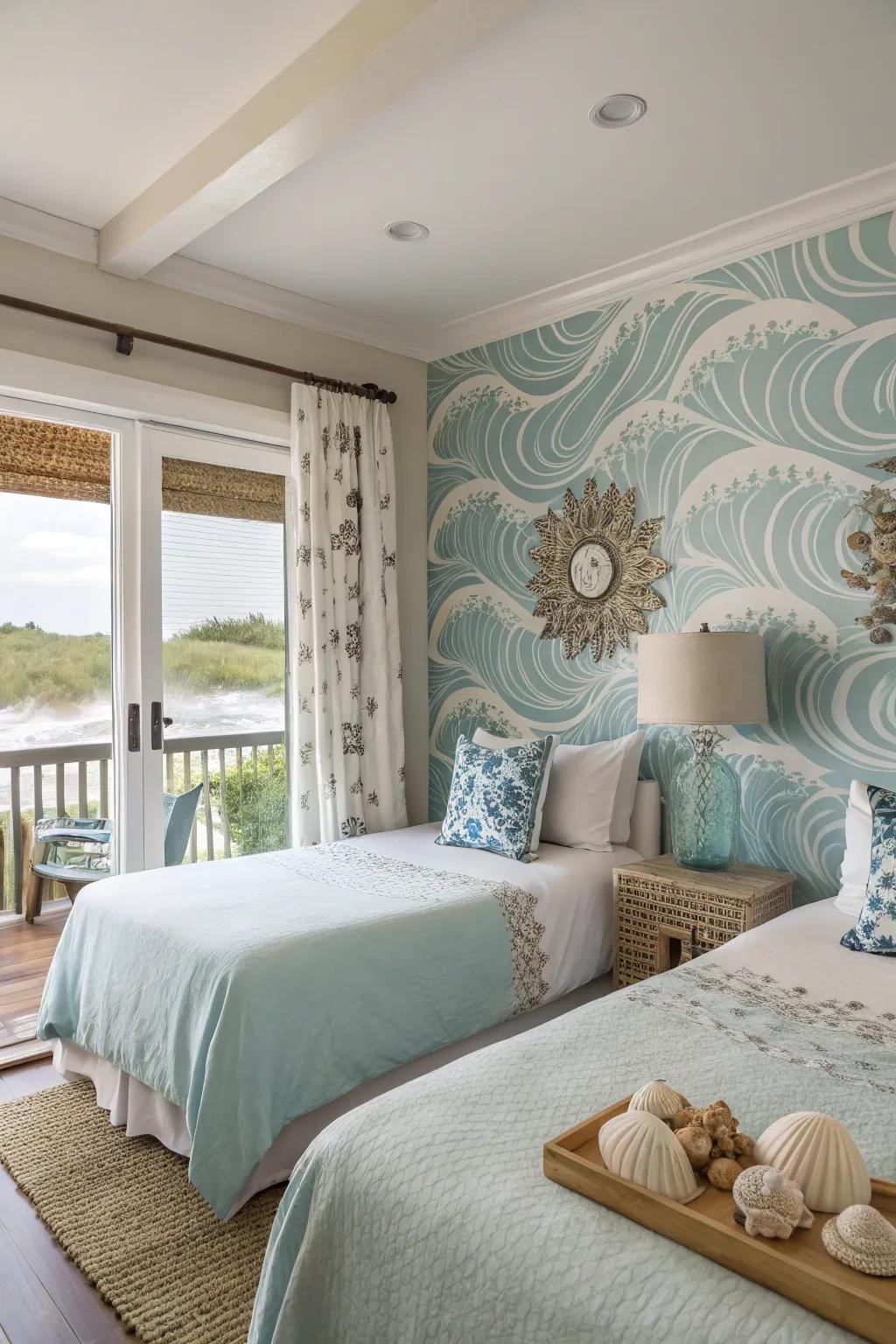 A guest room with a wave-patterned wall that creates a seaside retreat feel.