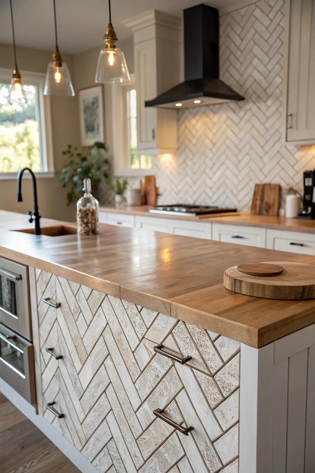 Refined herringbone design for a stylish cooking area.
