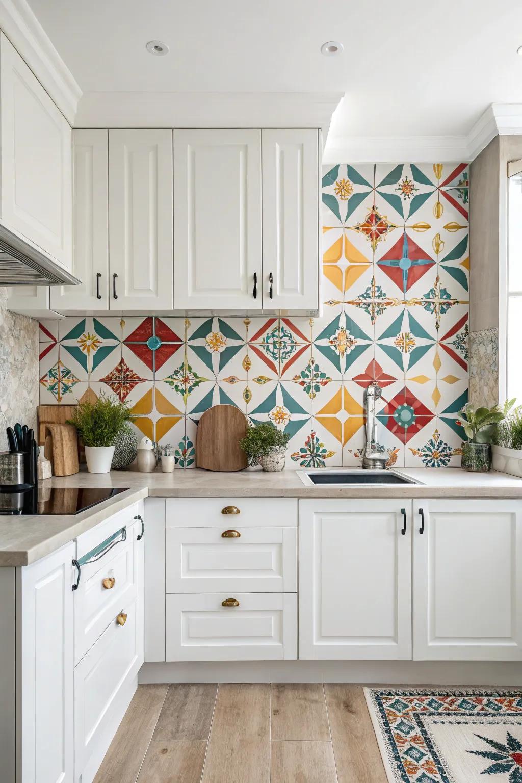 Symmetrical tiles impart a modern touch to this sophisticated white kitchen.
