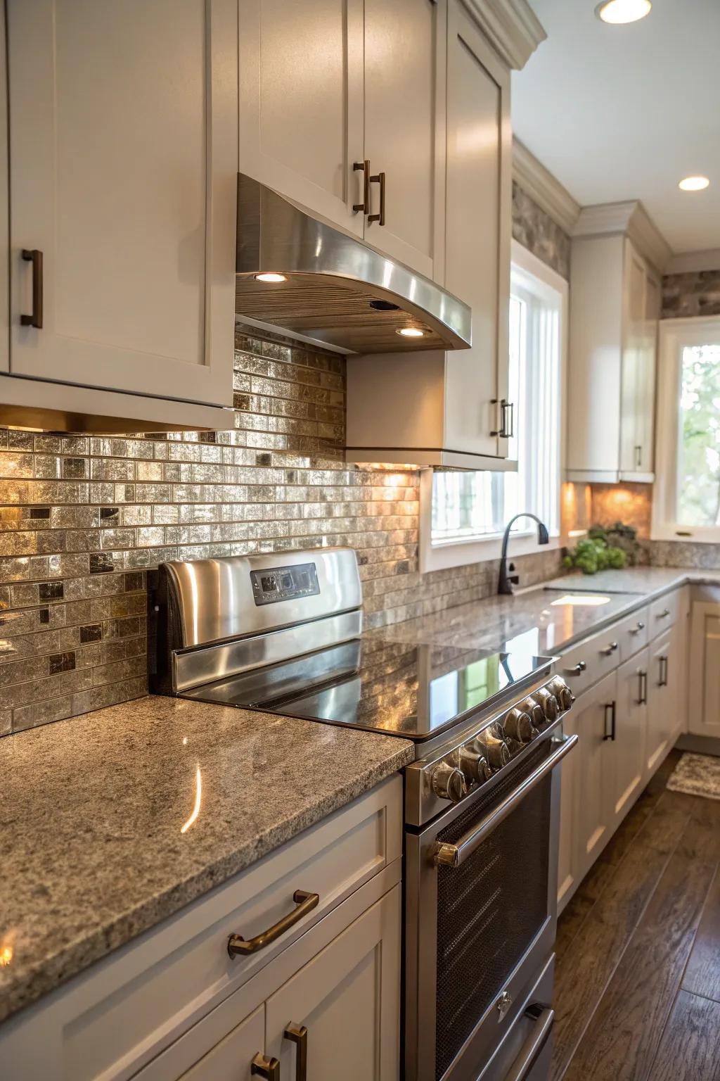 Metal tiles inject a sense of grandeur to fantasy brown granite.
