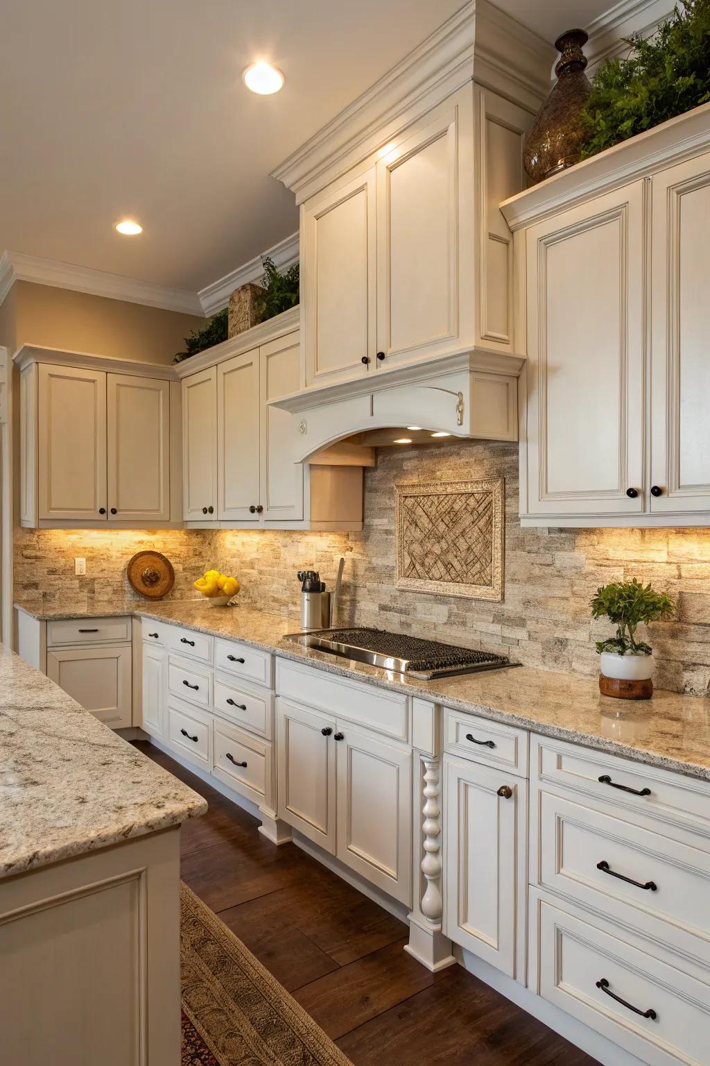 The organic beauty of the kitchen space is enhanced by natural stone tiles.