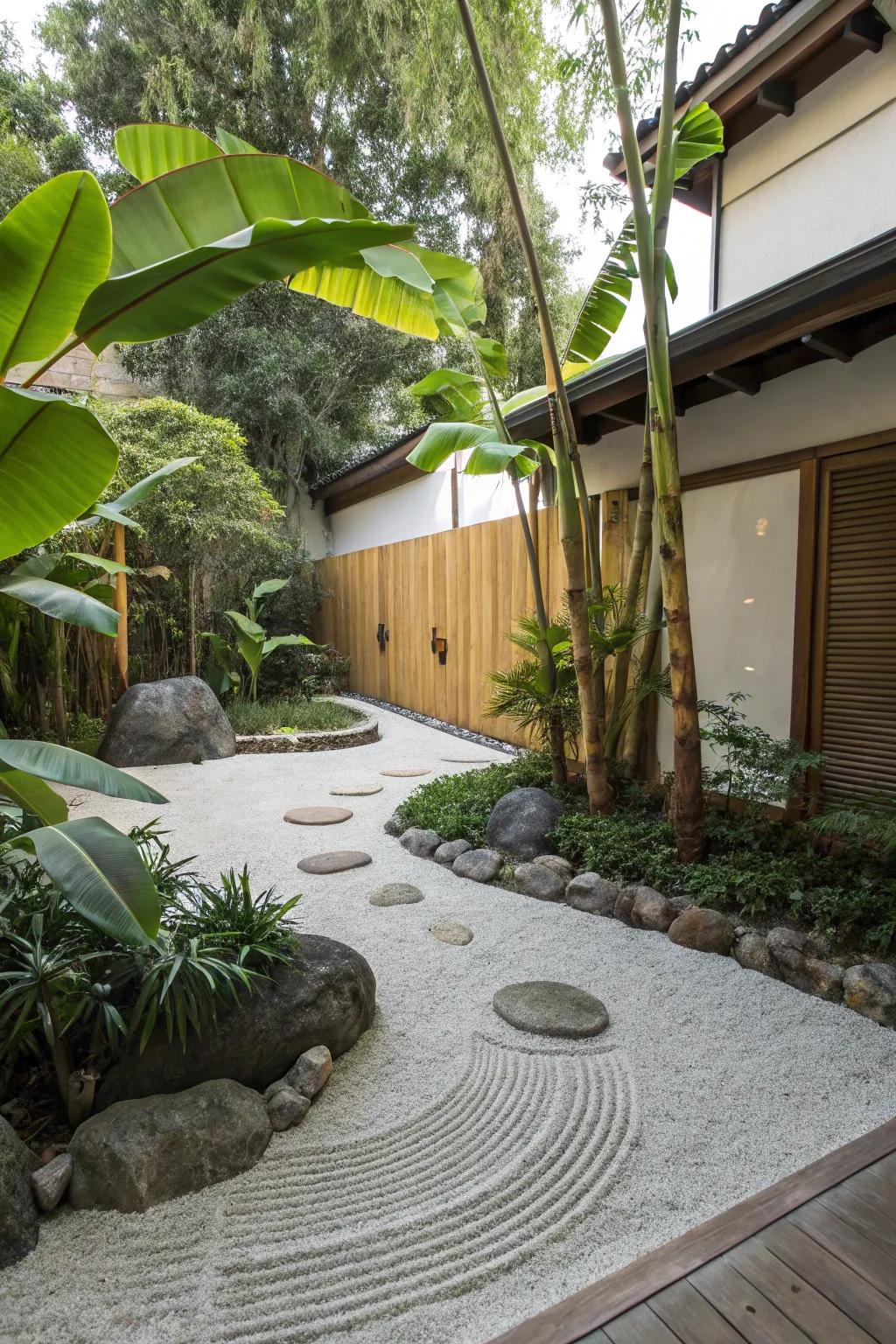 Forge a serene Zen garden with the tropical influence of banana trees.