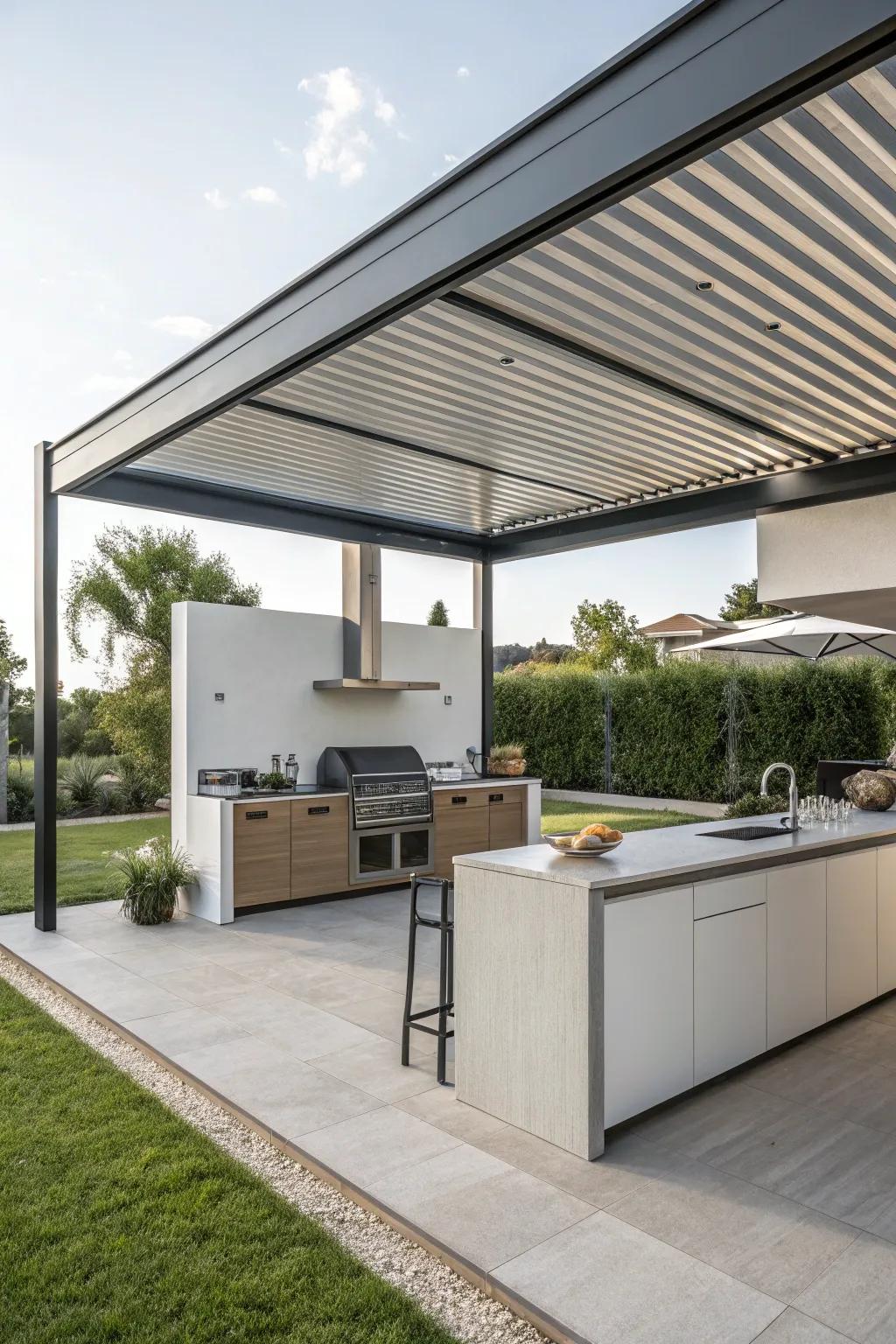 A metallic shelter delivers a streamlined and modern safeguard for your outdoor cooking area.
