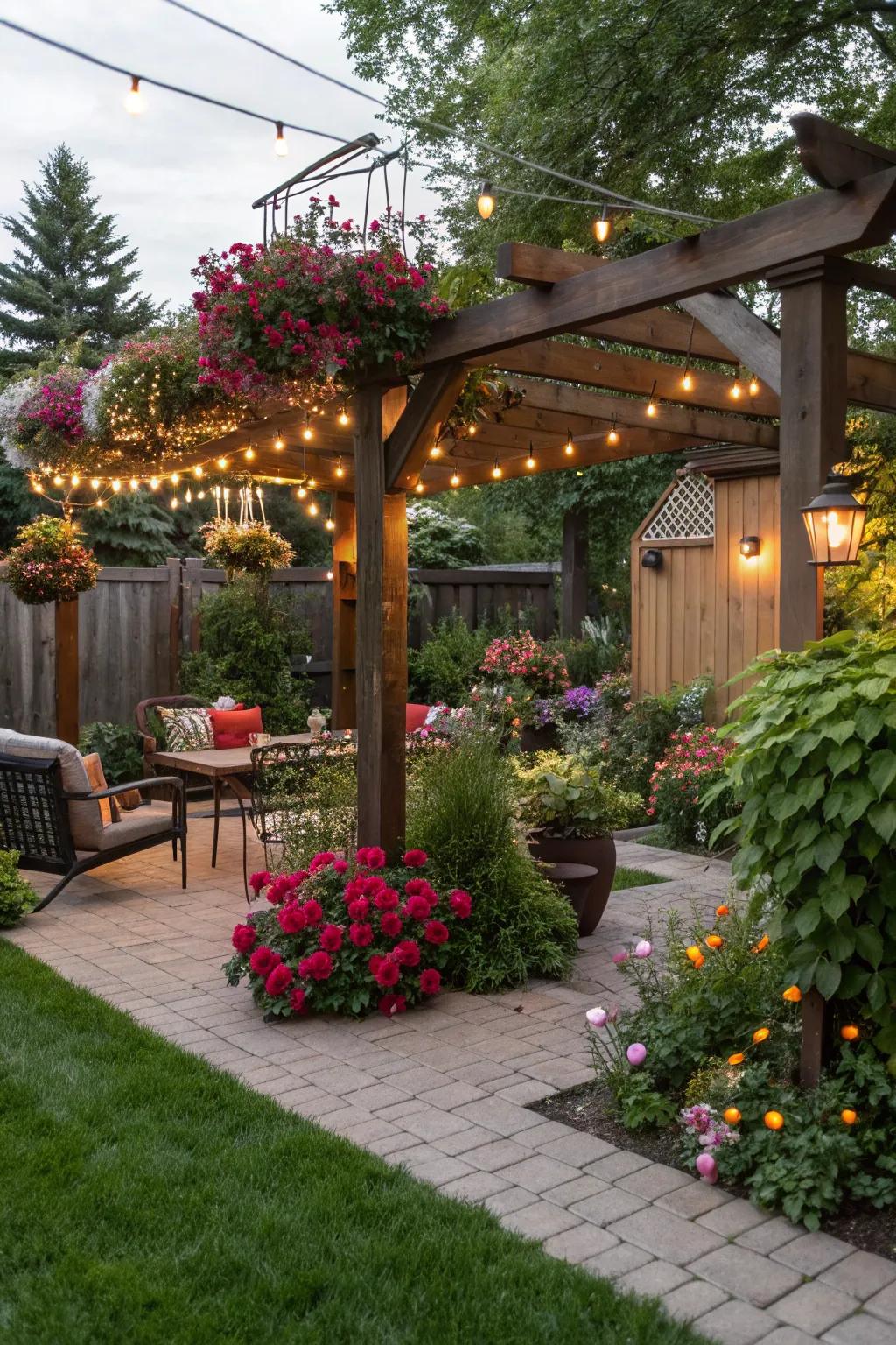 A pergola evolves into a focal attraction with suspended ornamental pieces and illumination.