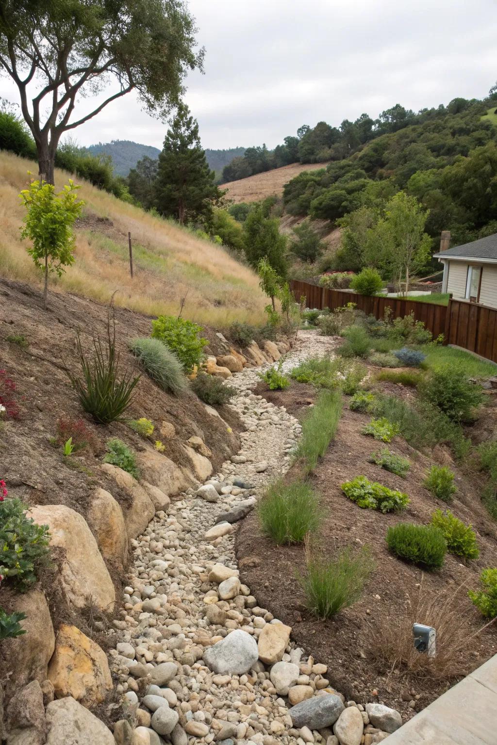 Riverbed features are a practical and aesthetic solution for drainage.
