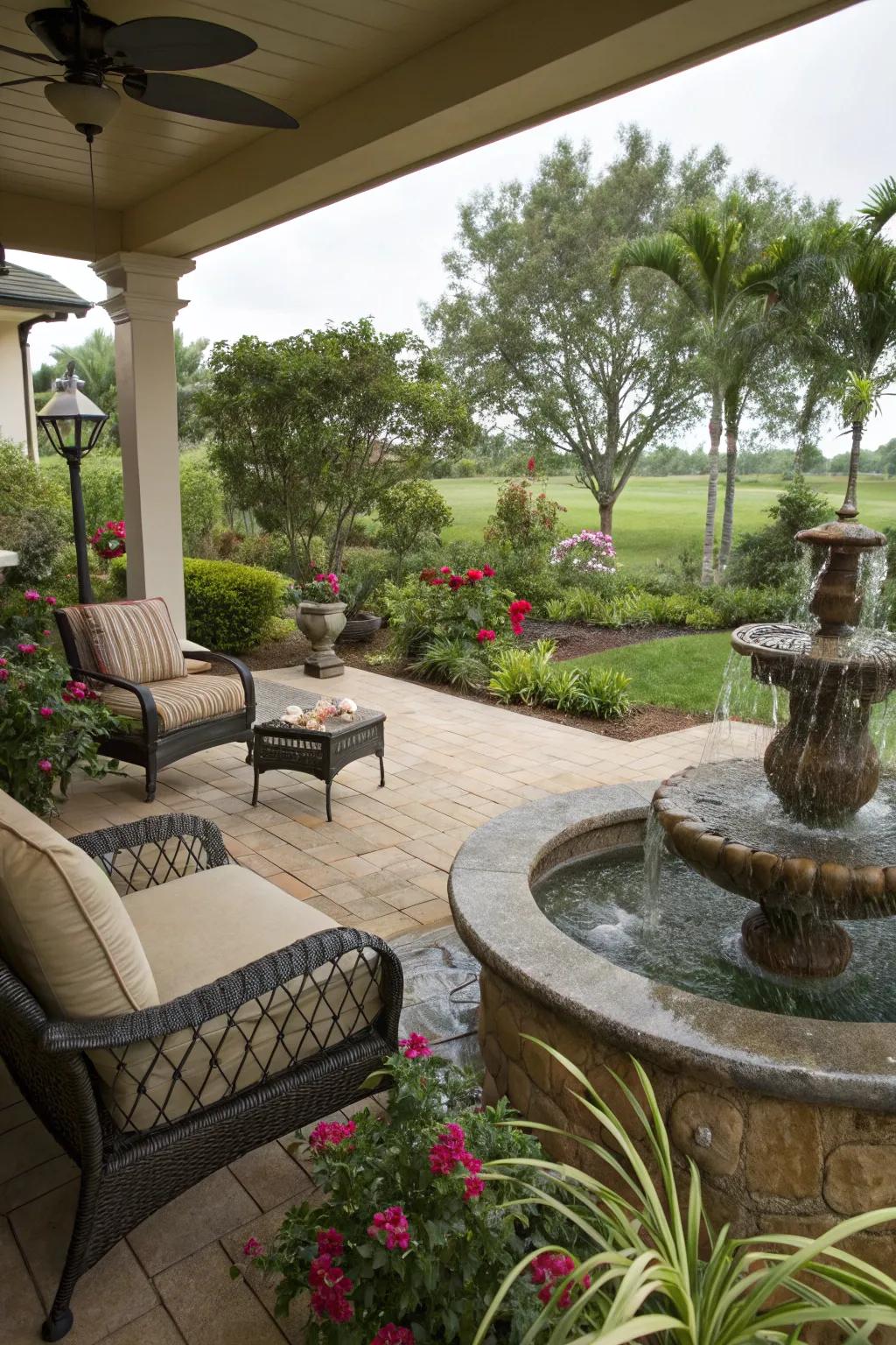 A serene water element enhancing the tranquility of a veranda.