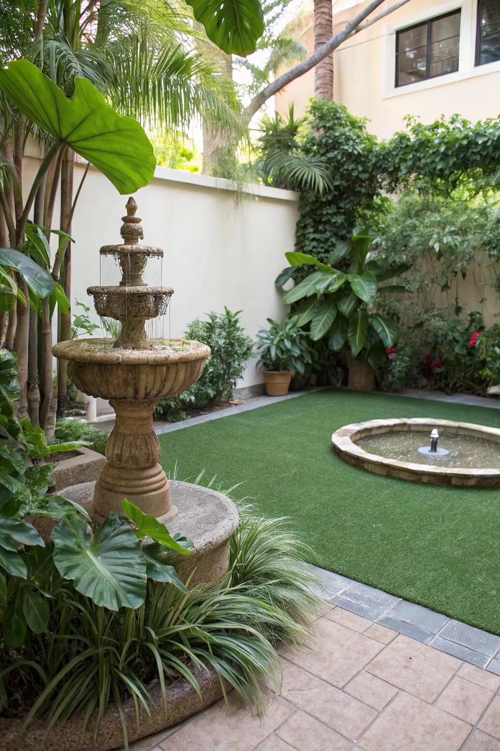 Artificial turf furnishes a lush, verdant carpet for your patio year-round.