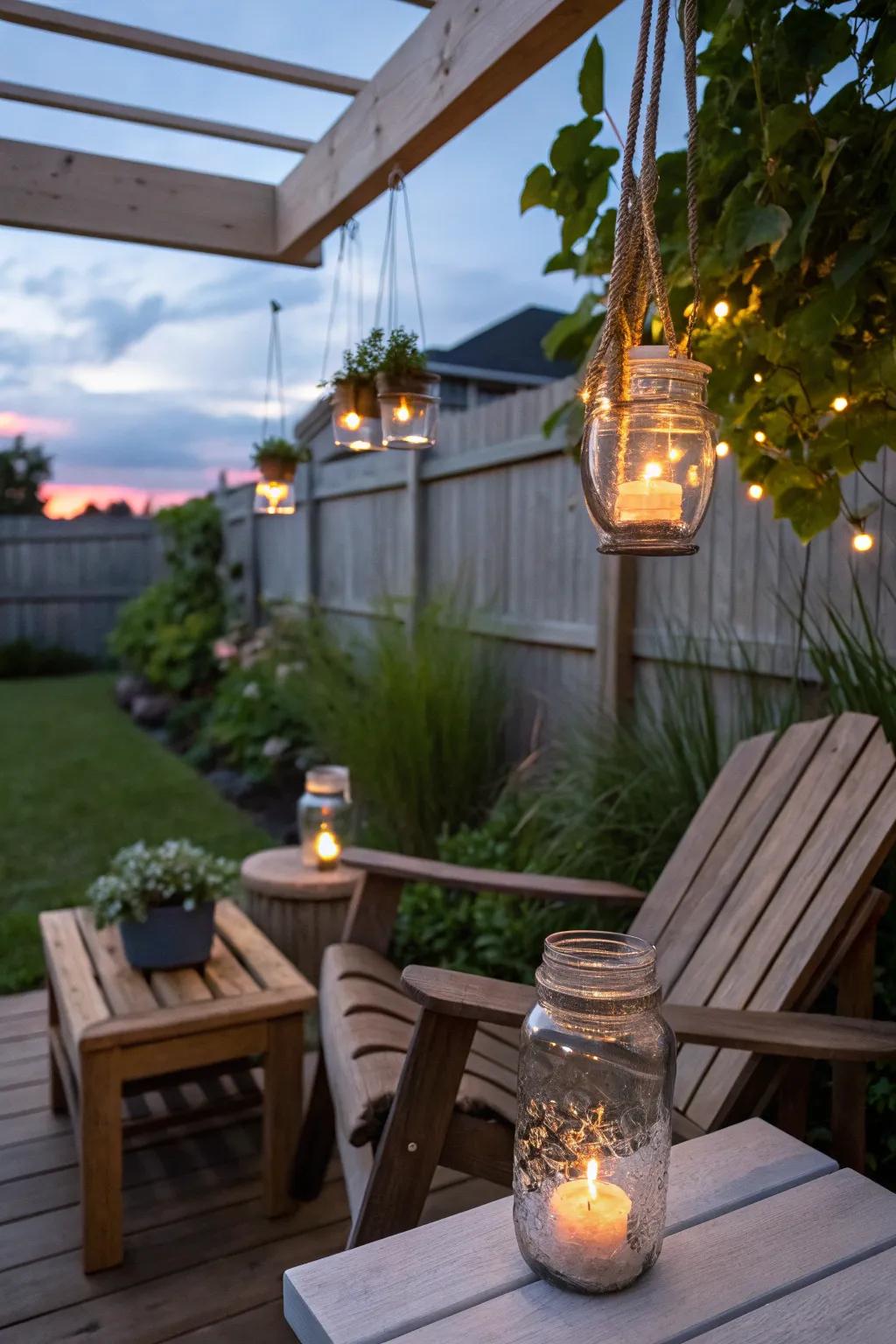 Do-it-yourself canning jar lanterns offer a soft, romantic glow.