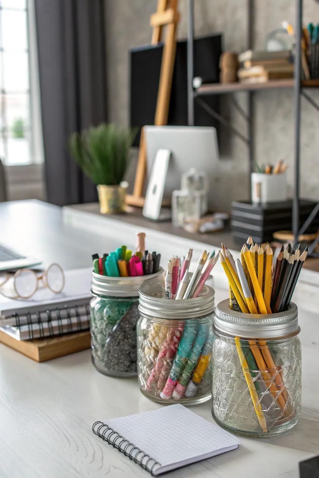 Chic desk storage fashioned from preserving containers offers a refined touch.