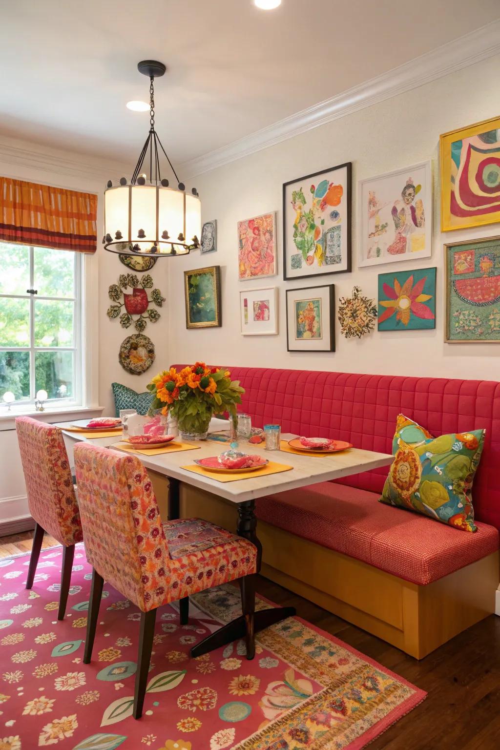 A vibrant dining space with vibrant-toned banquette seating for a lively atmosphere.