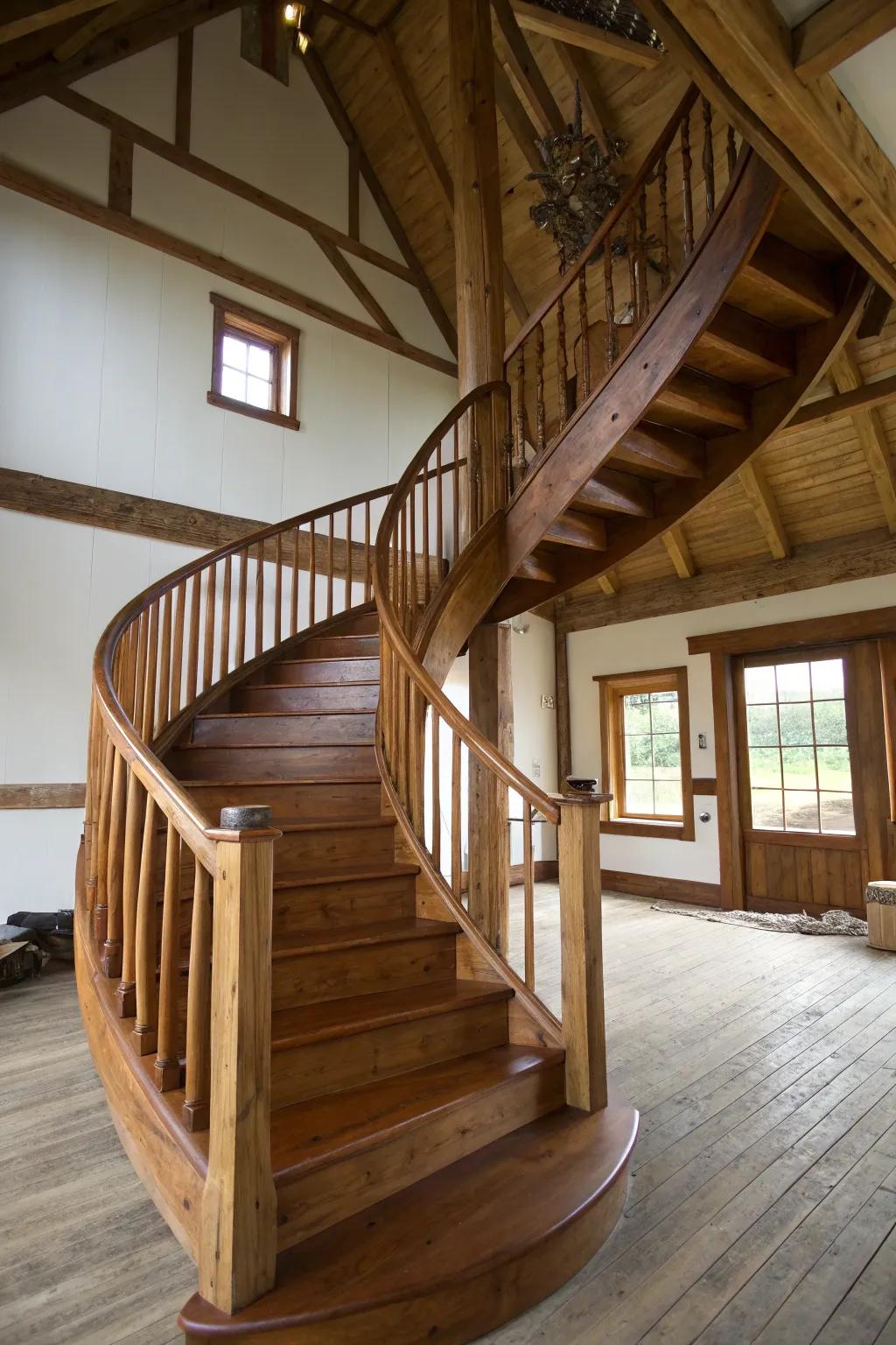 Sweeping staircases add elegance and flow to barn interiors.
