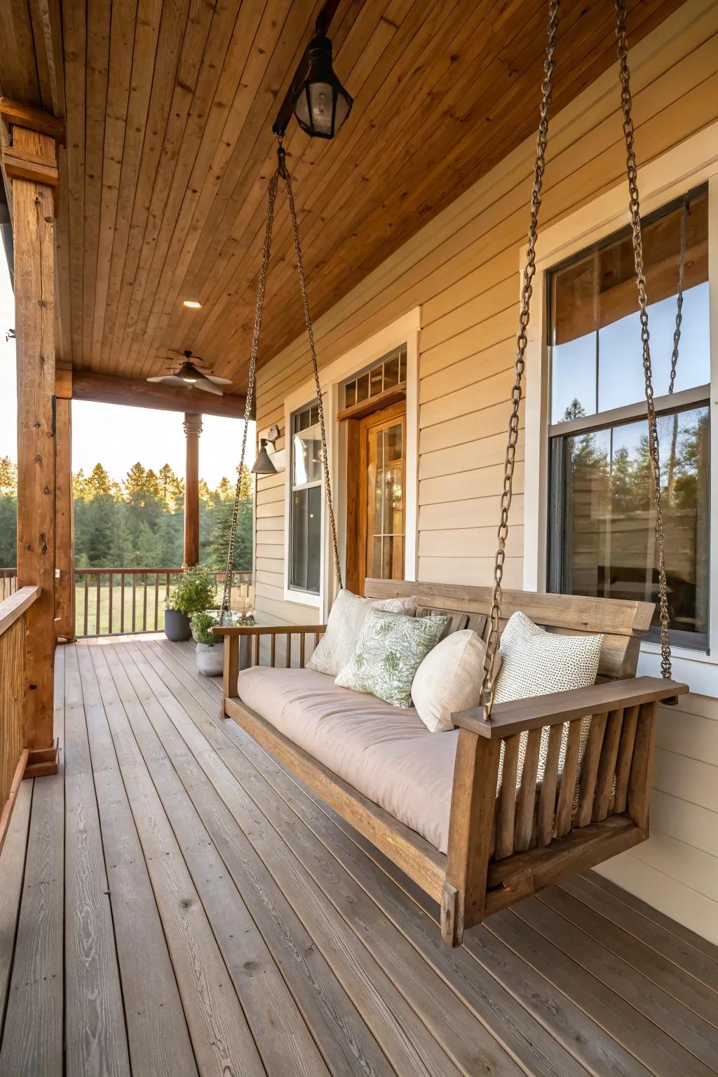 A veranda swing presents a nostalgic and soothing getaway.