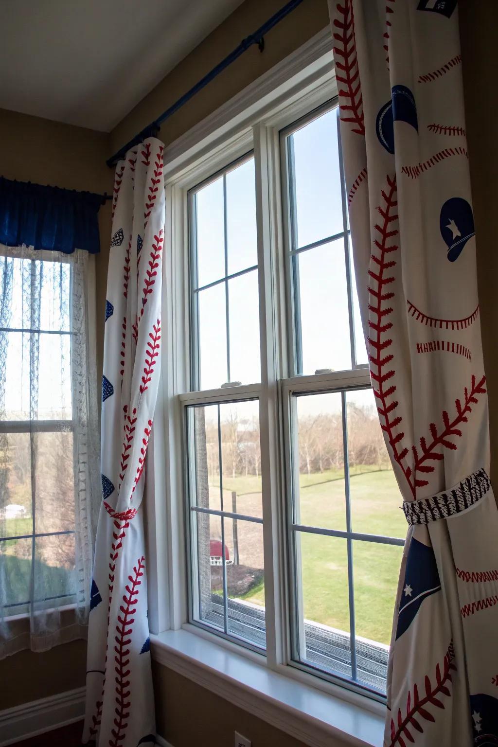 Add style to your windows with rounders-themed curtains.