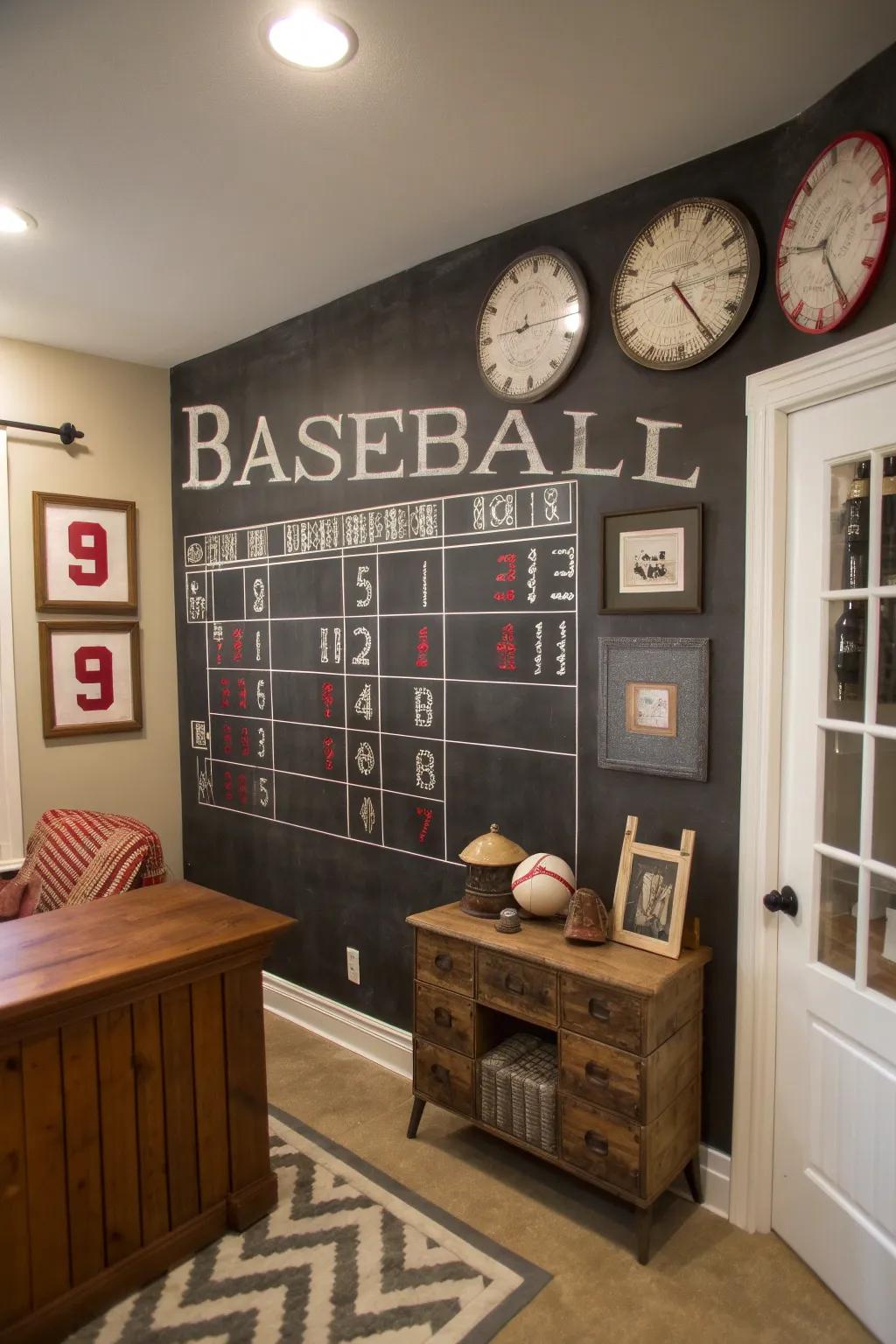 A chalkboard scoreboard introduces an engaging component to the setting.