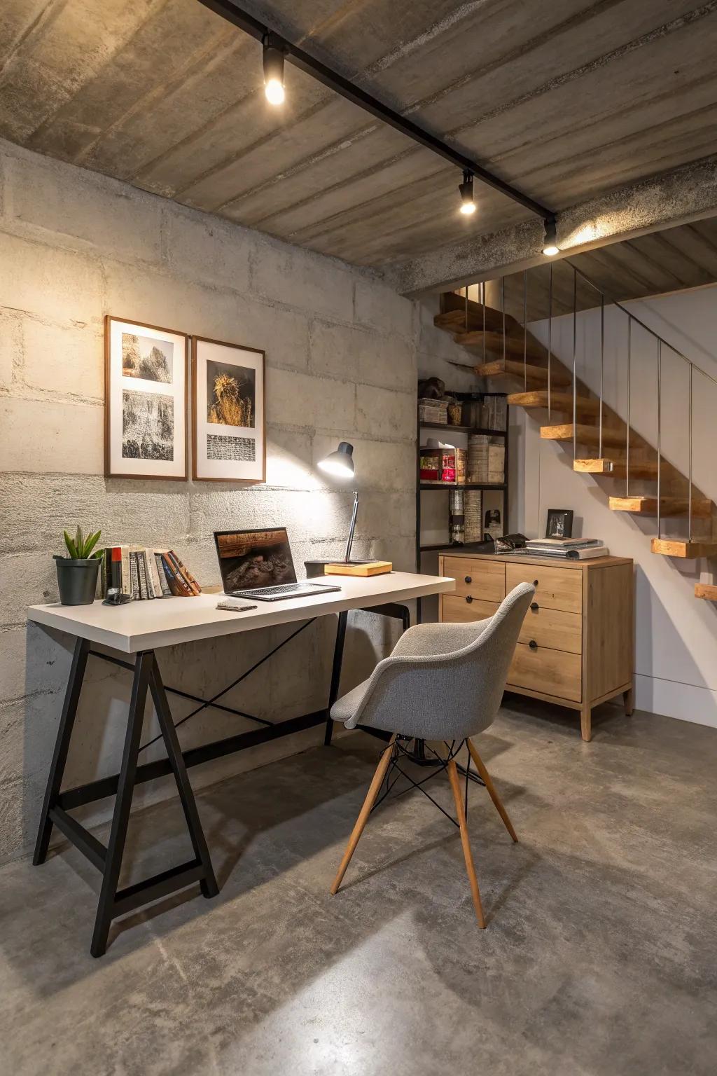 Cement floors give a durable foundation for an elegant and practical home office.