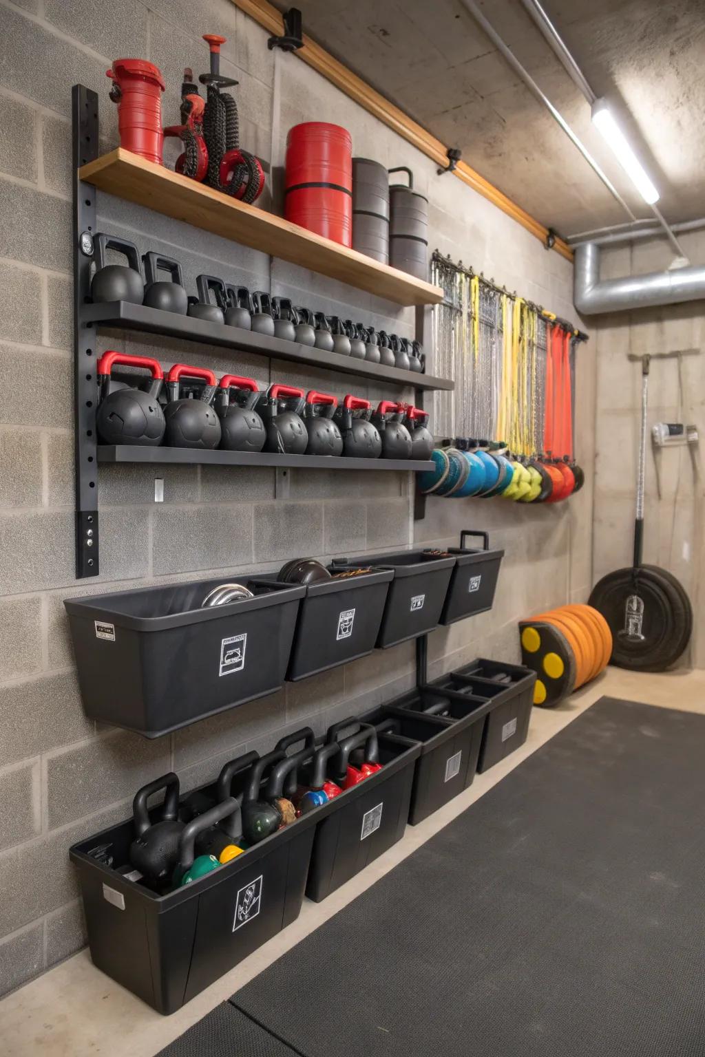 Streamlined storage options preserve a neat and accessible gym.