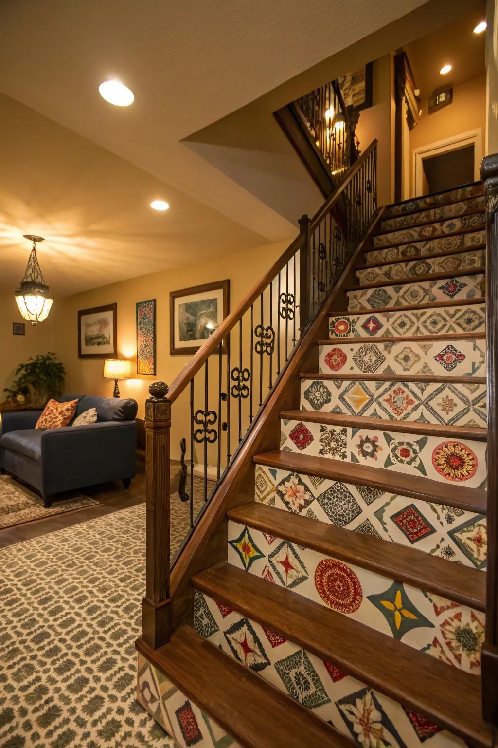 Patterned barriers add a playful touch to your stairway.
