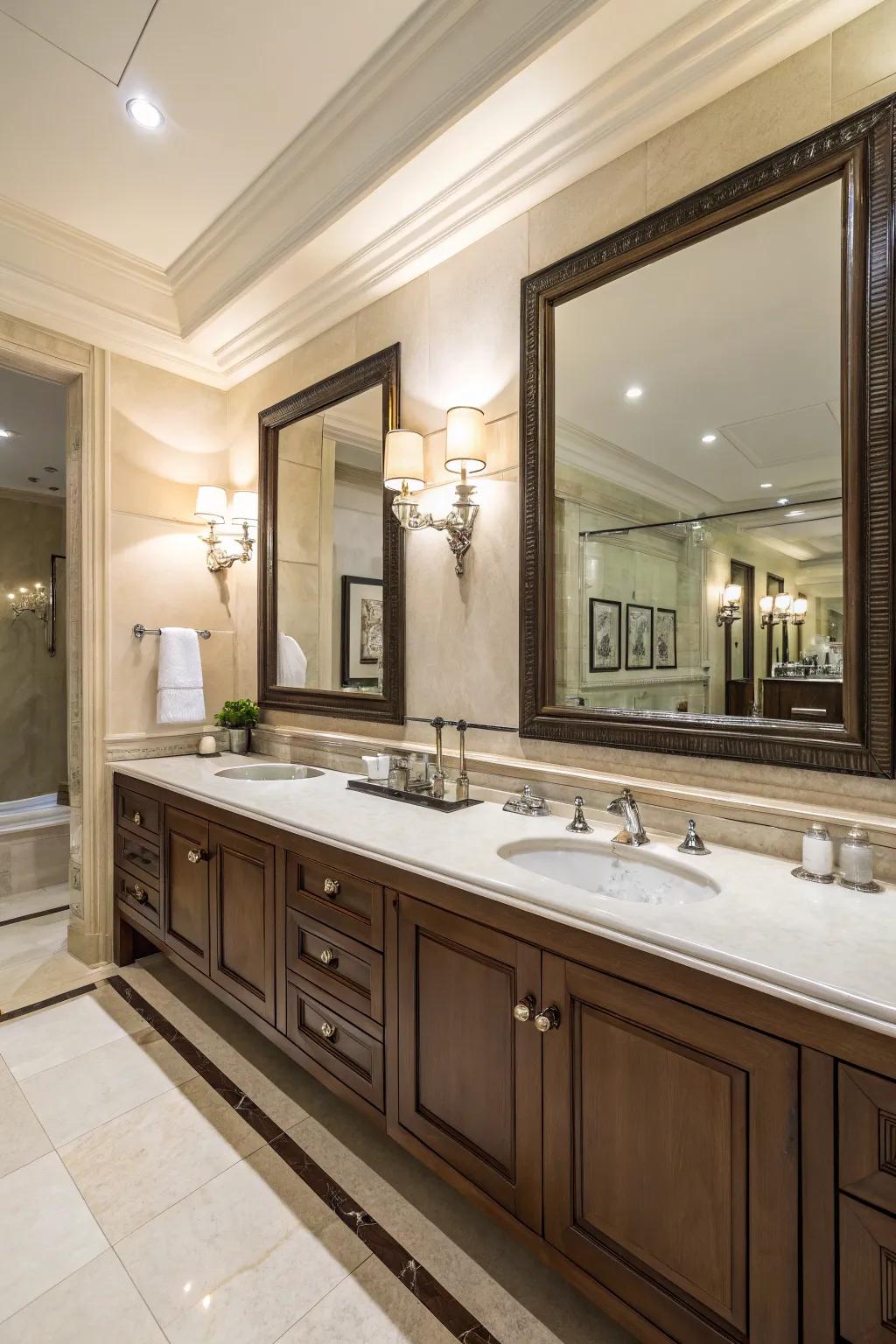 A twin storage solution turns a shared bathroom into an opulent setting.