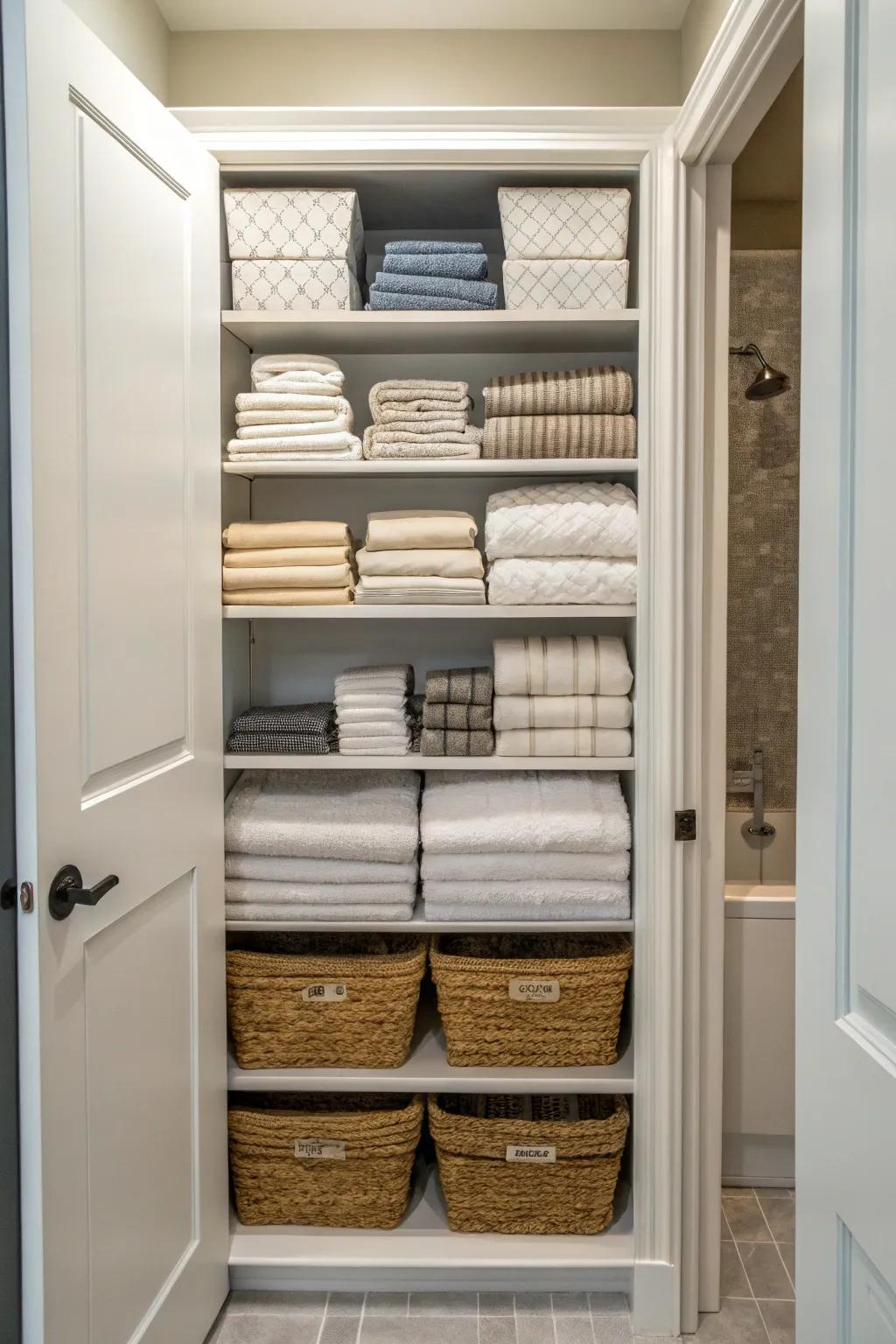 Deep shelves with meticulously arranged towels and linens for optimal storage.