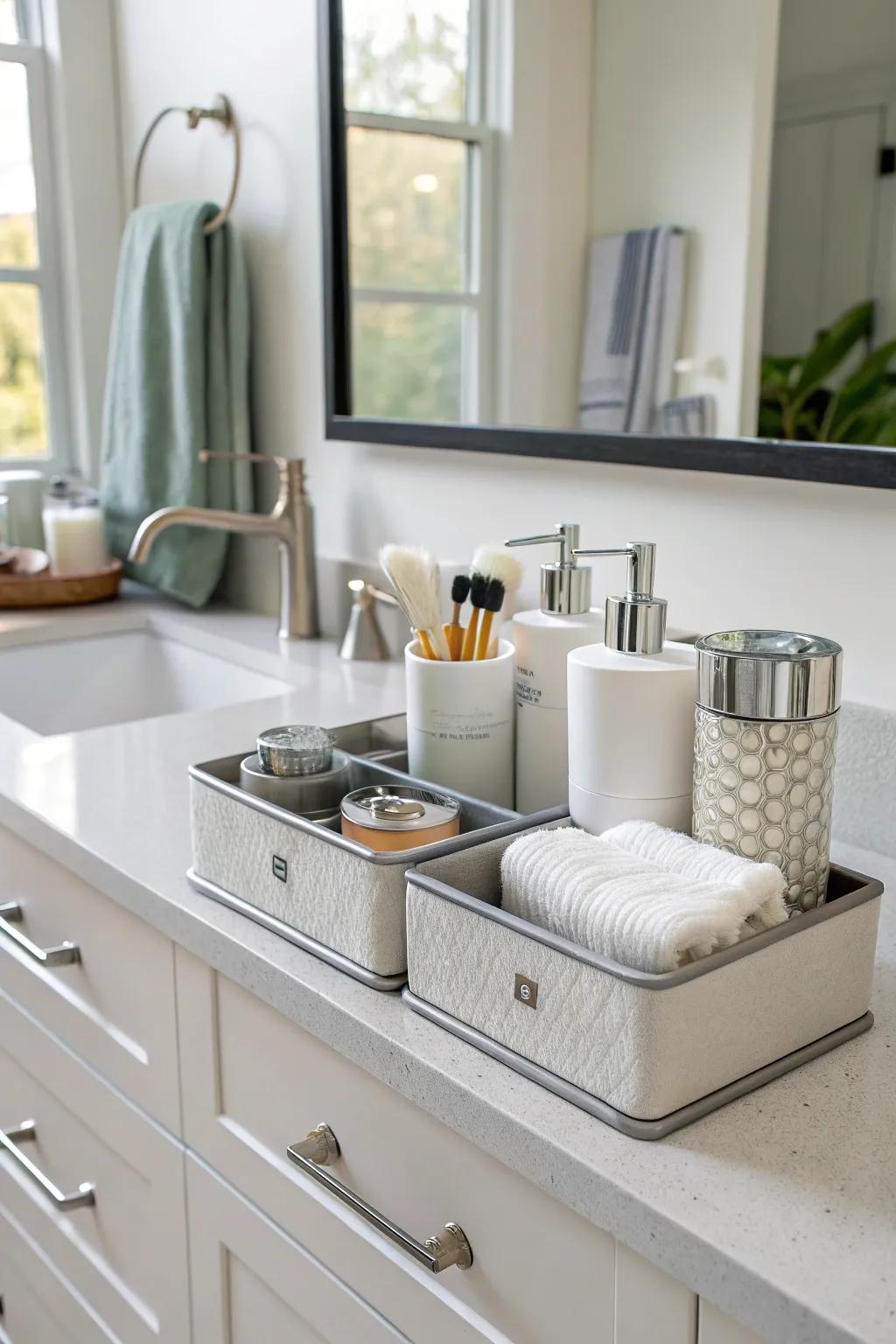 Merge storage and style for a clutter-free bathroom.