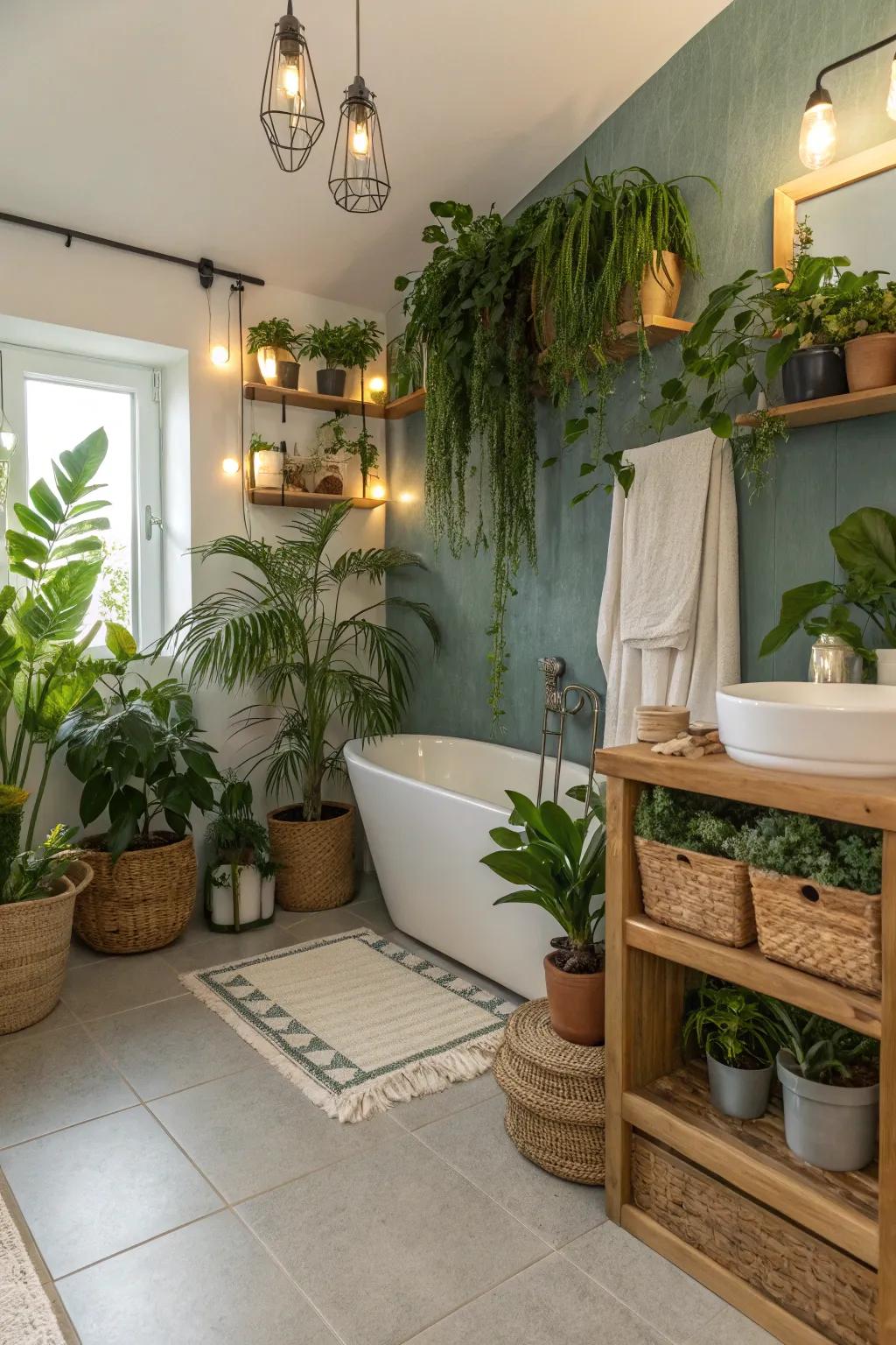 A bathroom enriched by verdure, where flora contribute life and an organic element to the decor.