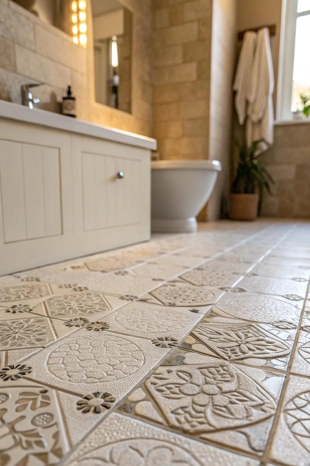 Structured floorings inject depth and intrigue through light and shadow.