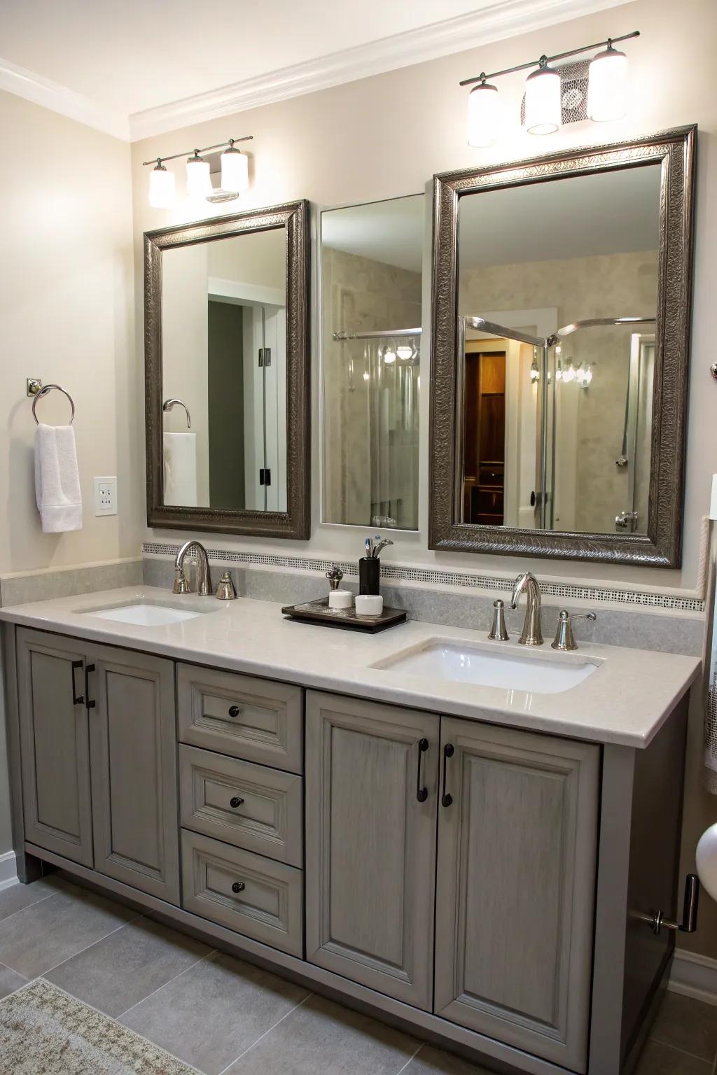 Mirrored cupboards combine storage and style seamlessly.