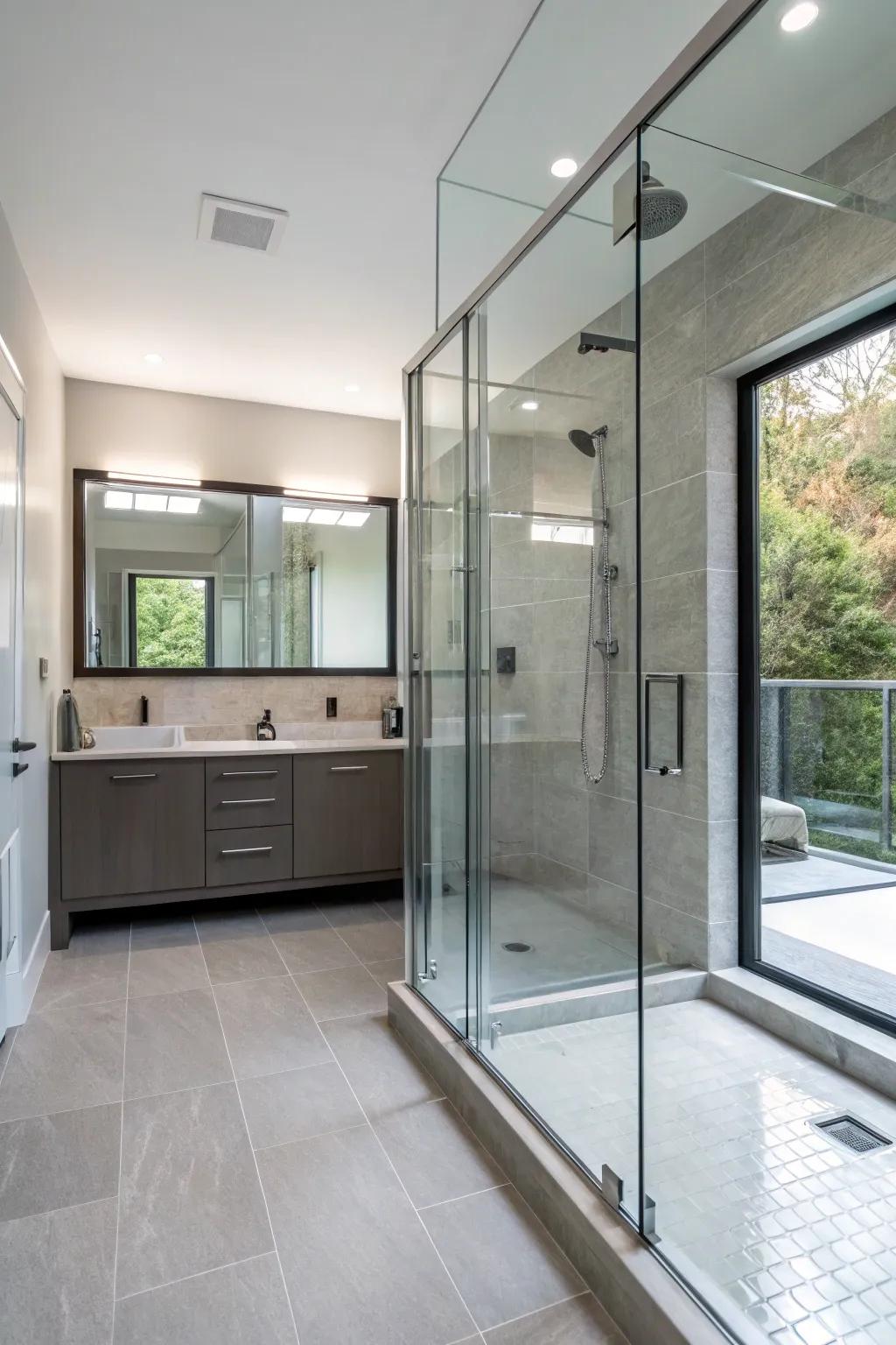A streamlined step-free shower that elevates contemporary bathroom aesthetics.