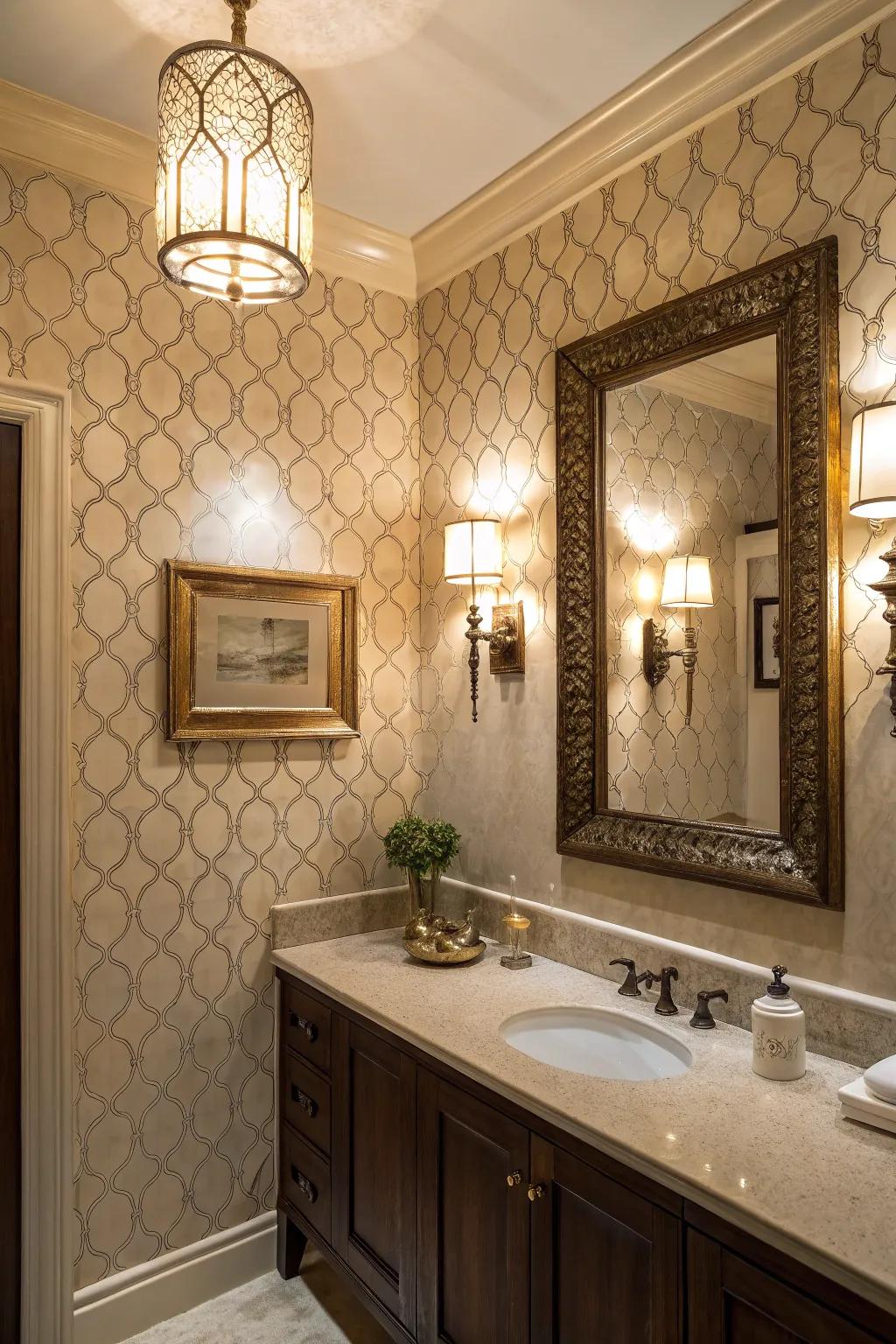 Textured walls beautifully contrast through graceful wall lights.