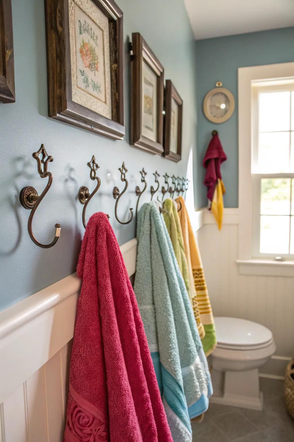 Decorative hooks impart an air of elegance to towel storage.