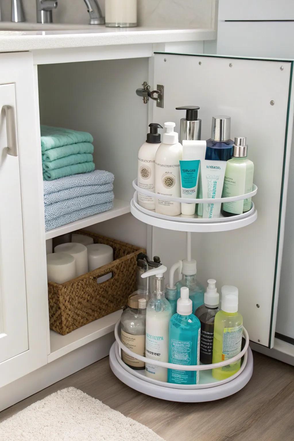 Spin tray for effortless access to cabinet items.