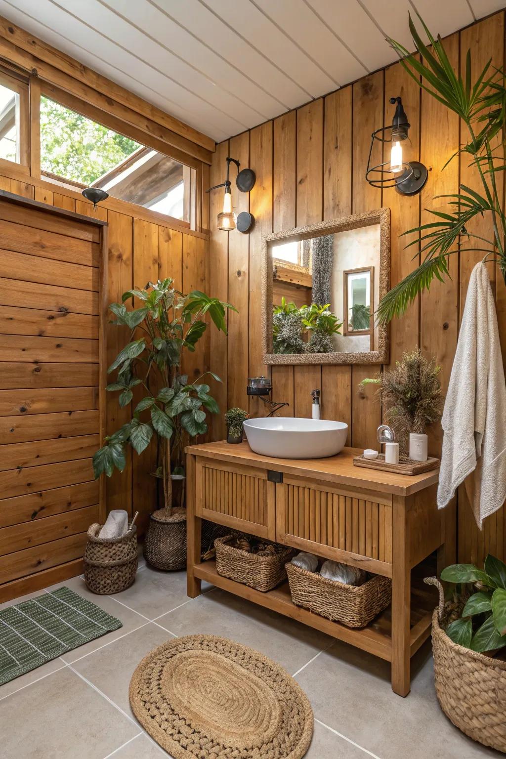 Wood parts add warmth and natural beauty to washroom walls.